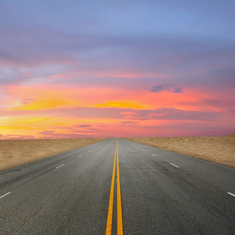 Road and the sunset sky